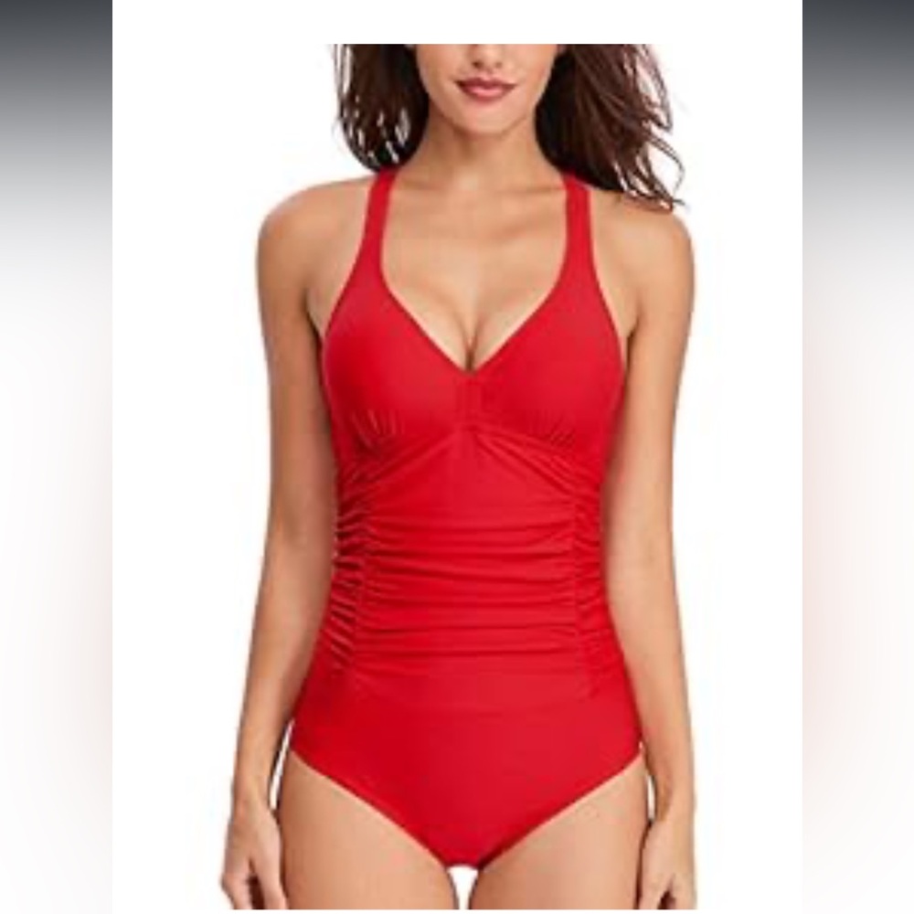 NWT Amazon Haivido One piece adjustable bra style straps ruched swimsuit red